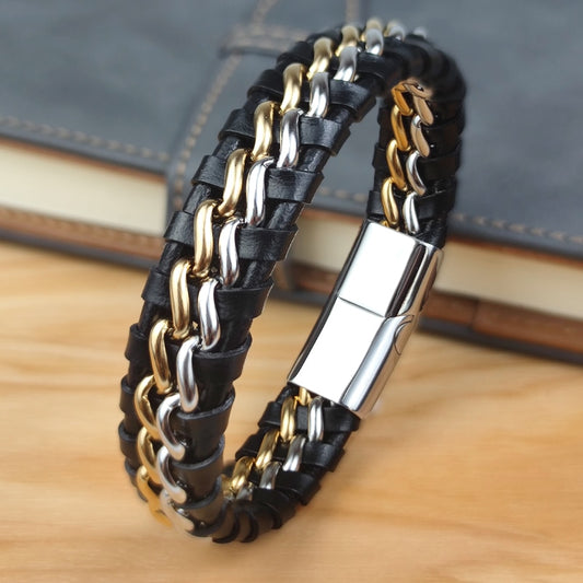 Men's Chain and Leather Bracelet