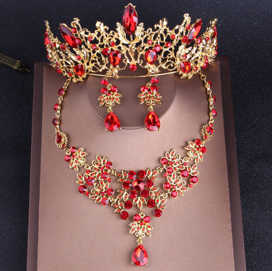 Ruby Red, Tiara, Necklace, with Earrings Set